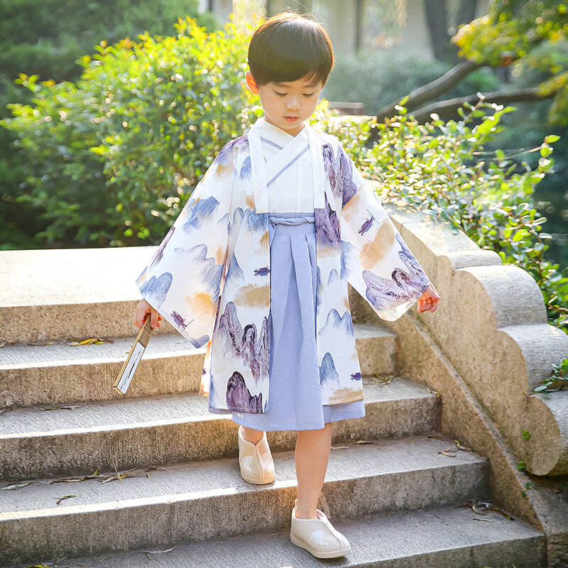 Костюм Тан с длинным рукавом для мальчиков, детский хлопковый костюм из двух предметов с принтом пейзажа, летняя одежда ханьфу