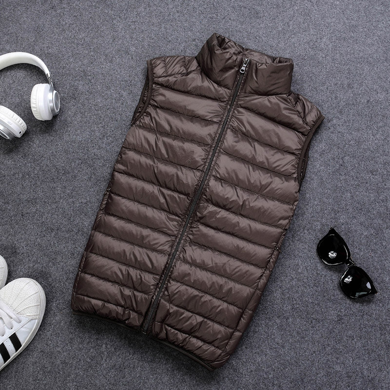 Chaleco de plumón de pato blanco para hombre, chaqueta informal ligera y cálida sin mangas, sólida, con bolsillo portátil, otoño e invierno, 90%