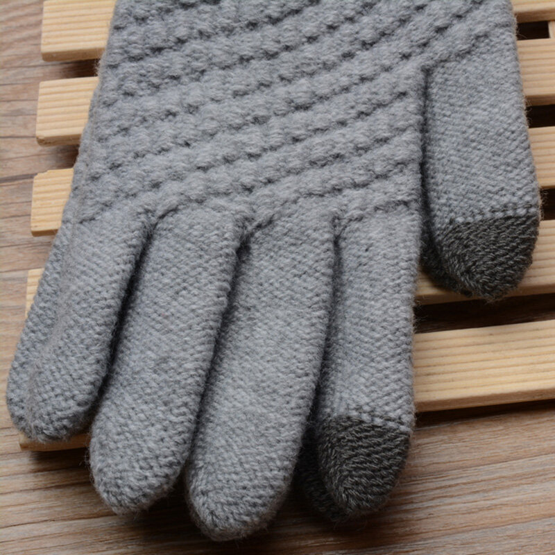Guantes de invierno para pantalla táctil para hombre y mujer, manoplas de punto elásticas cálidas, de imitación de lana, de dedo completo, de ganchillo grueso