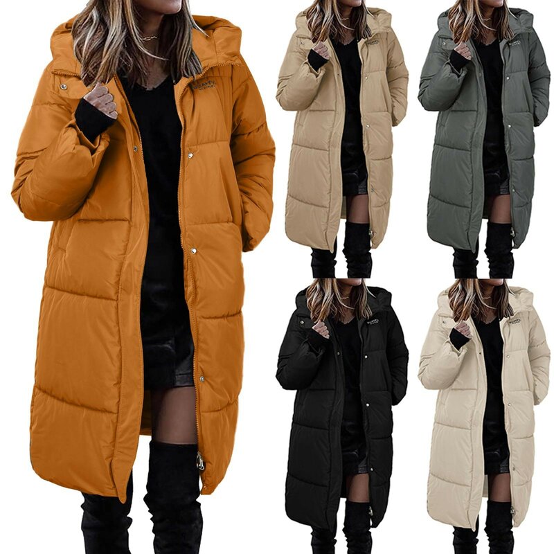 Mantel panjang lurus wanita, Luaran parka berkerudung warna polos, pakaian musim dingin 2023