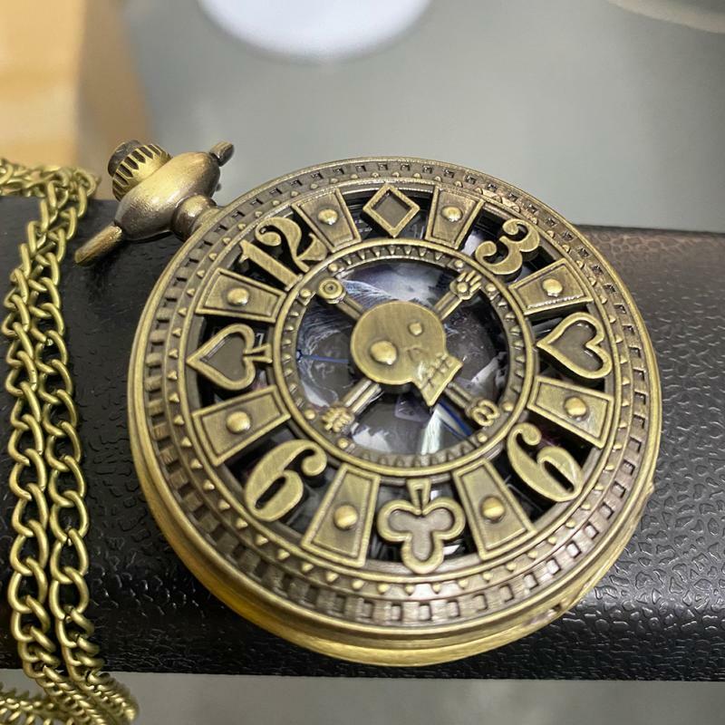 Tarjetas de póker Retro de bronce, diseño de Calavera, pantalla de fantasma, reloj de bolsillo de cuarzo Steampunk, Fob, reloj antiguo Vintage con cadena de 80cm/38cm