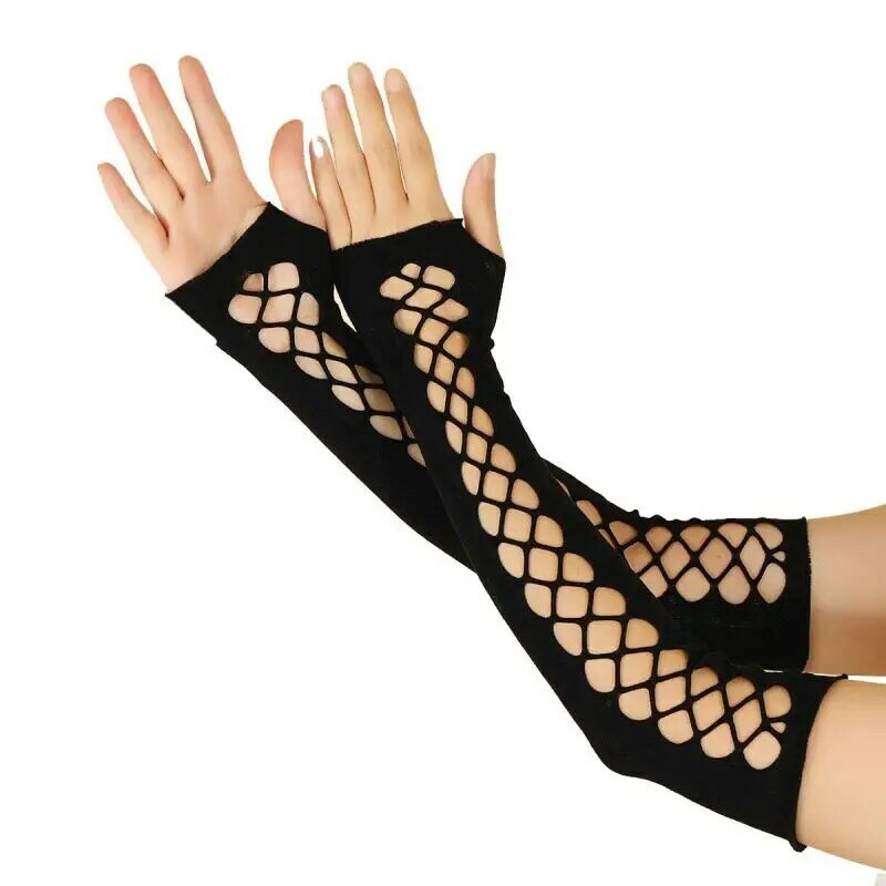 Dames Handschoenen Creatieve Middellange Cross-Uitgeholde Feesthandschoenen Mode Zwarte Stretch Ademende Wanten C062-3