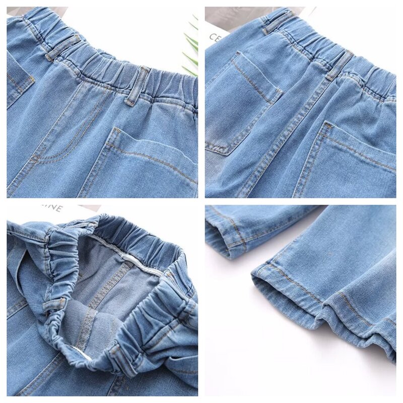 Calça jeans reta com comprimento de joelho feminino, cintura elástica, solta, fina, perna larga, shorts casuais, plus size, verão, novo, 2024