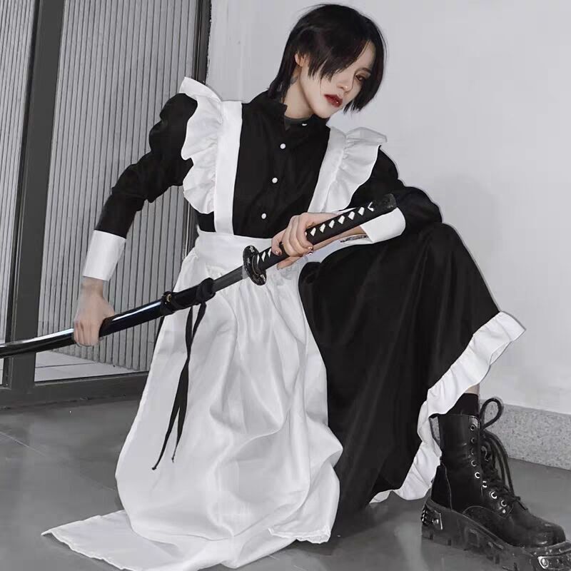 Pakaian Pelayan Cosplay Lolita Set Pakaian Antik Pria Wanita Gaya Jepang Lucu Kawaii Gothic Peran Bermain Kostum Hitam dan Putih