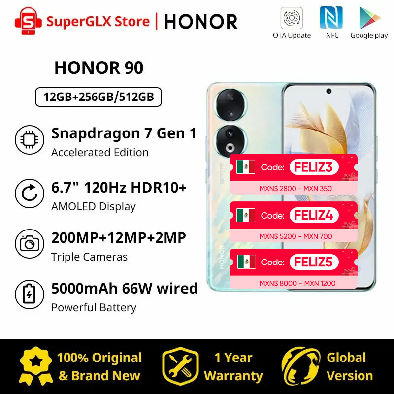 Nowa wersja globalna HONOR 90 5G 200MP Ultra-Clear Camera Snapdragon 7 Gen 1 5000mAh Żywotność baterii 66W Supercharger 120Hz Wyświetlacz