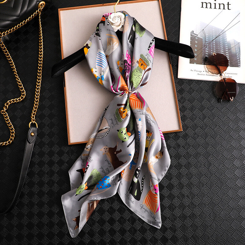 Lenço de seda quadrado feminino, gravata para faixa de cabelo, lenços estampados gato feminino, marca de luxo, primavera e verão, novo, lojas, 90x90cm