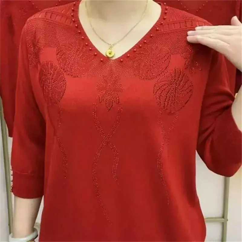 Korean Vintage Women Clothing 3/4 Sleeve Knitted T-shirt Spring Summer Fashion V-neck Solid Diamonds Loose Casual Tops 2023 New