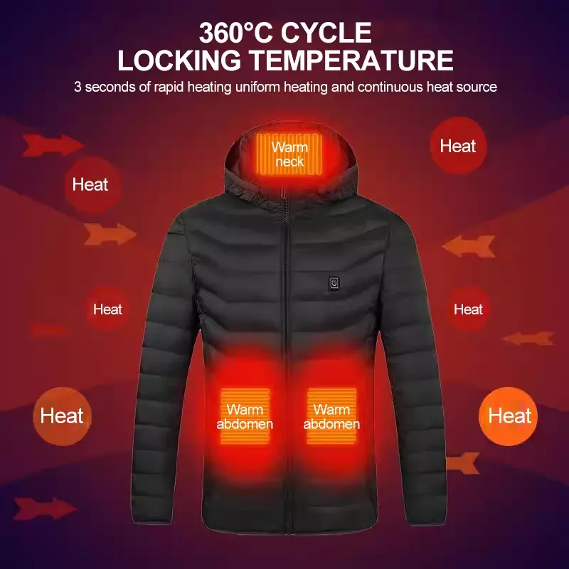Jaket penghangat listrik lengan panjang pria dan wanita, mantel bertudung intelijen USB 9 zona hangat Hhiking olahraga luar ruangan
