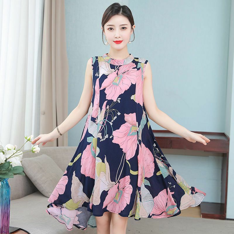 Женское асимметричное платье без рукавов, свободное офисное платье большого размера с винтажным цветочным принтом, лето 2024
