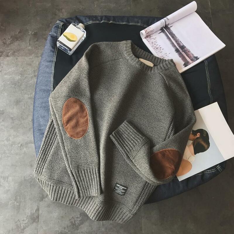 Men Winter Sweater Patchwork Contrast Colors Long Sleeves O Neck Thick Keep Warm Pullover Casual Spring Sweater for School
