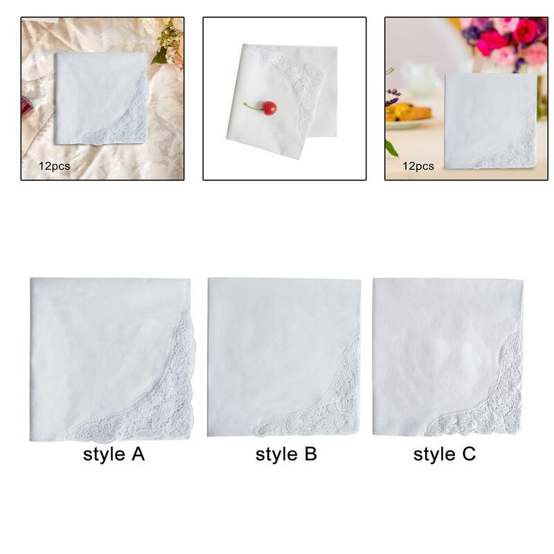 12x White Handkerchief Wipe The Sweat Towels 35cm with Lace Edge DIY Wedding Hankies for Casual Birthday Grooms Prom Bride Gift