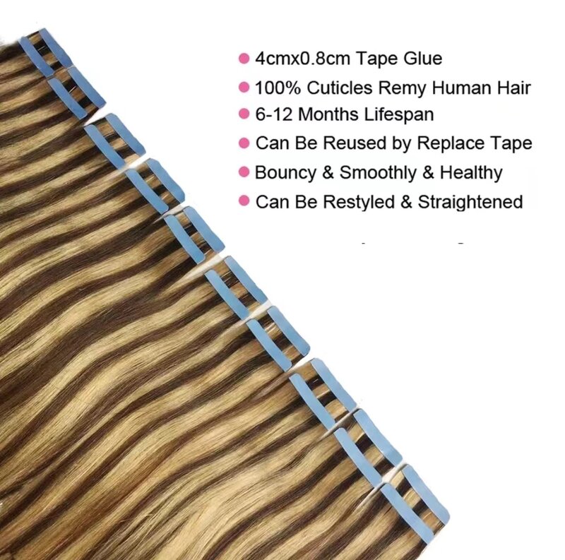 Tape-In extensões de cabelo com destaque osso reto, adesivo marrom, Remy cabelo humano, P4 e 27, 12-30 em, 40 PCs/pacote