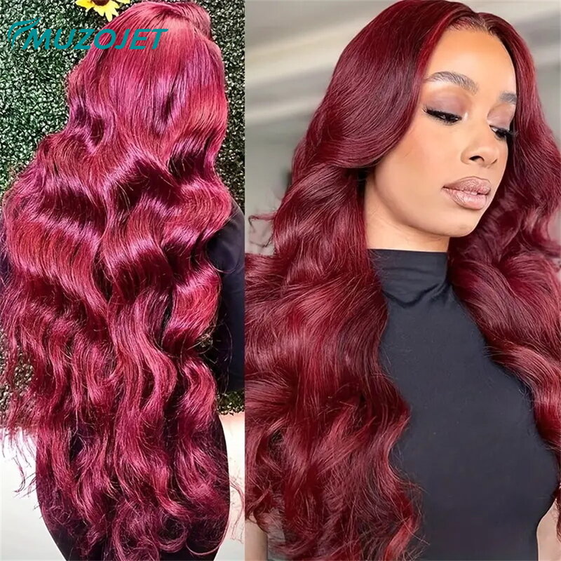 Perruque Lace Front Wig Body Wave Brésilienne Naturelle Remy, Cheveux Humains, Couleur Rouge Bordeaux 99J, 13x4, Transparent HD, pour Femme