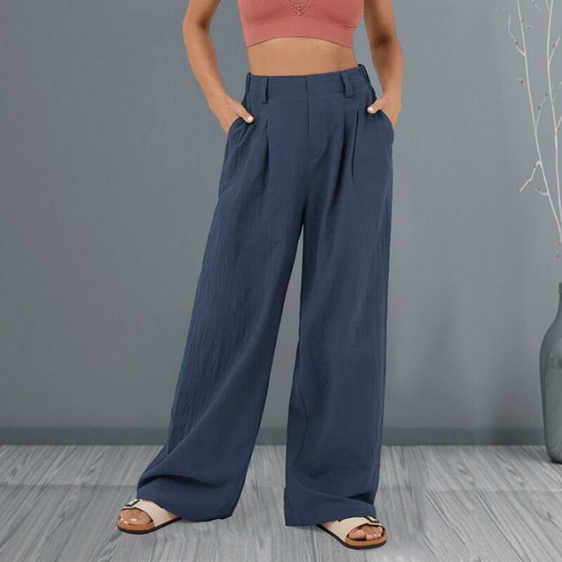 Pantalon taille élastique pour femme, taille haute, jambe large, document solide, ceinture élastique, longueur de rinçage, streetwear