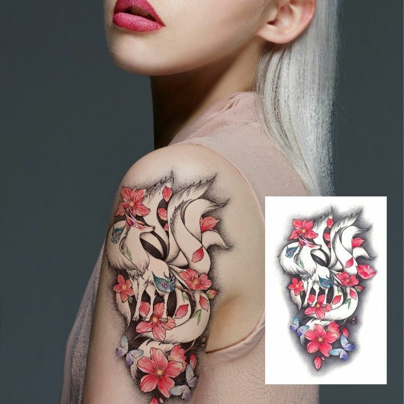 ขนาดใหญ่แขนแขน Tattoo Ninetales ซากุระแมวปีศาจกันน้ำชั่วคราวสติกเกอร์รอยสักญี่ปุ่น Body Art Fake Tattoo ผู้หญิง
