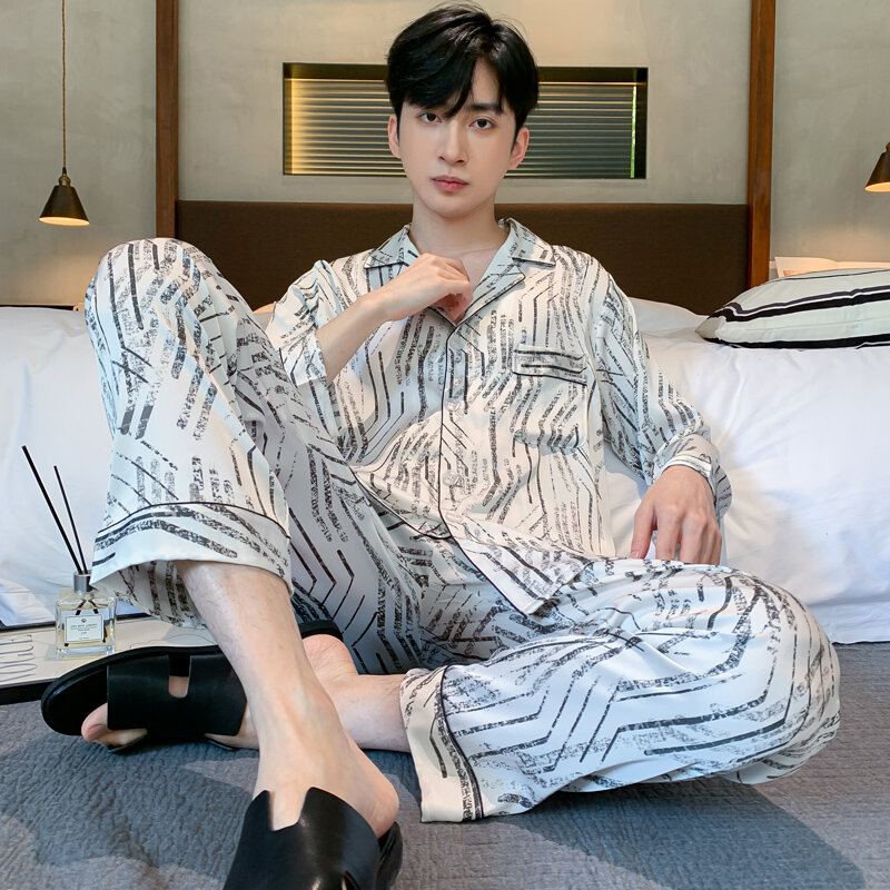 High Quality Satin Silk Pajamas Set Men Spring and Autumn Sleepwear Male Turn-down Collar Pijama