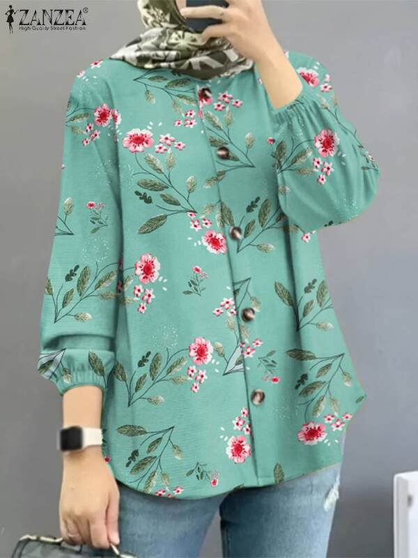 2023 ZANZEA Women Abaya Dubai Muslim Floral Printed Blouse Autumn Long Sleeve Shirt Casual Turkey Tops Female Islamic Blusas