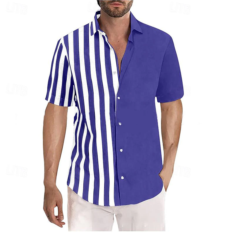 Camisa hawaiana de manga corta para hombre, camisa de playa de talla grande 6XL, con solapa a rayas, bloque de Color, informal, 2024