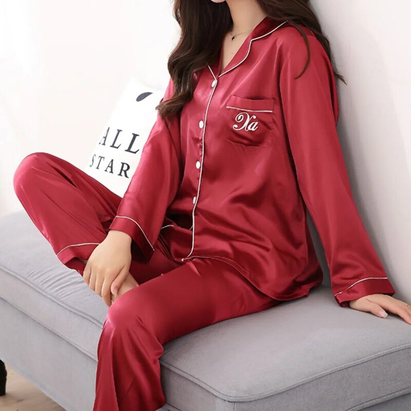 Womens Pajamas Set Sleepwear Suit Casual Long Sleeve Turndown Collar Homewear Spring Summer Female Sleep Two Piece Set
