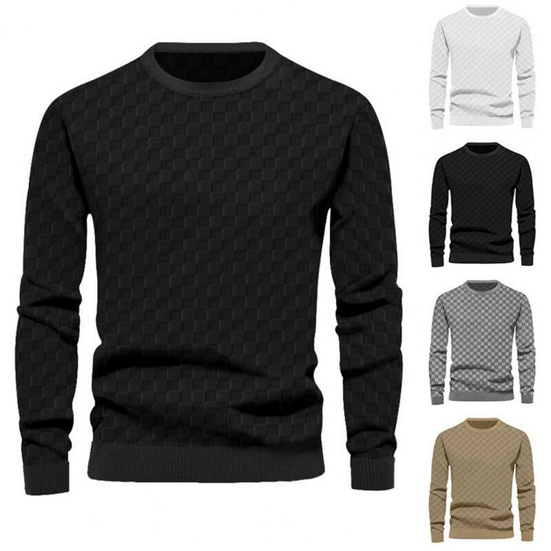 Loose Fit Top Checkered Pattern Long Sleeve Pullover for Men Loose Fit T-shirt with Elastic Cuff Soft Fabric Spring Fall Top