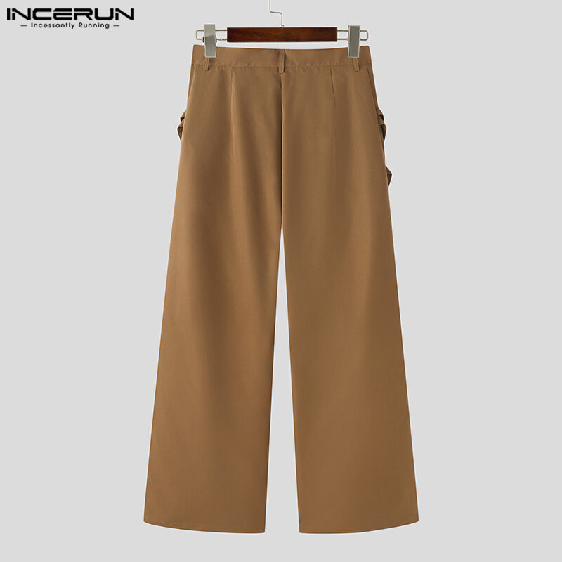 INCERUN 2024 Korean Style Trousers Fashion Mens Personality Tie Belt Decorative Pants Casual Street Straight Leg Pantalons S-5XL