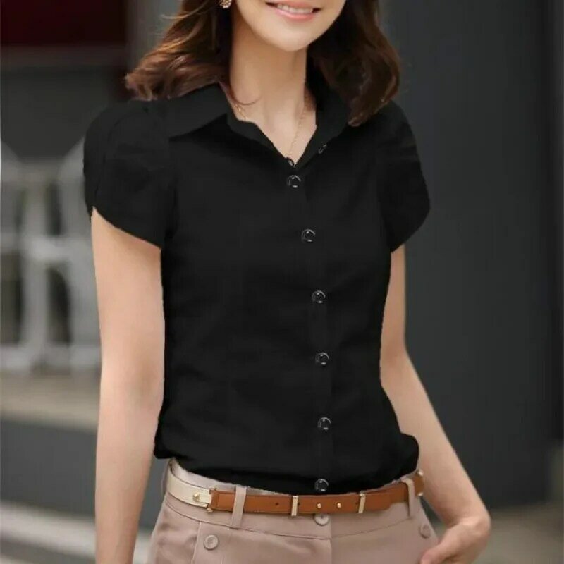 JFUNCY-camisa blanca y negra para mujer, Blusa de manga corta para oficina, ropa de trabajo para verano, 2024