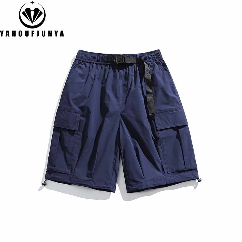 Pantalones cortos rectos para hombre, Shorts masculinos de Color sólido con muchos bolsillos, informales, con cintura elástica, cómodos, para verano, 2024