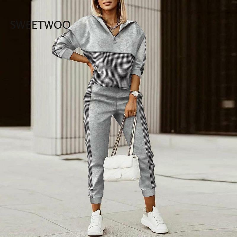 2022 Spring Autumn Women Fashion Print Splicing Tracksuits Two Piece Sets Female Casual Long Sleeve V Neck Top Jogging Pant Suit