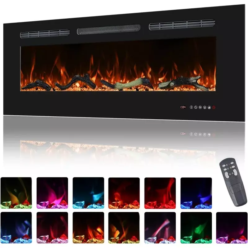 48inch Electric Fireplace in Wall Recessed and Wall Mounted Fireplace Electric, 13 Flame Colors, Realistic Logs &Crystals Fu