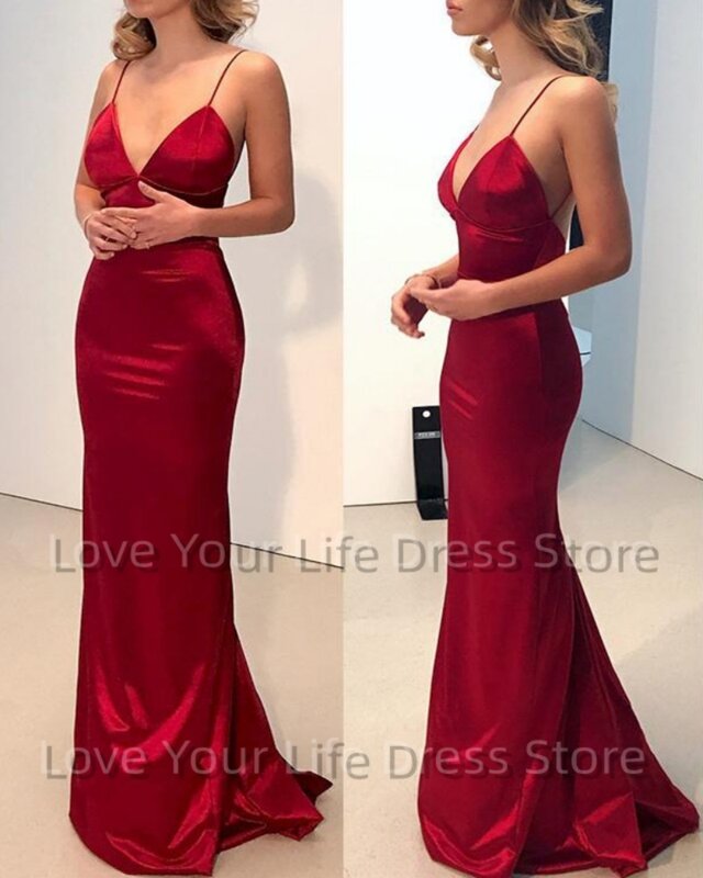 2023 Sexy V Neck Satin Evening Dresses Spaghetti Strap Side Slit Prom Dress High Waist Evening Gowns Party Dress Robe de soiree