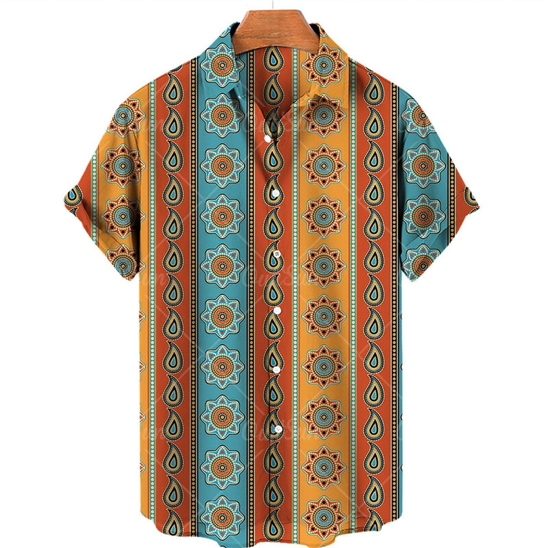 Мужская блузка в полоску в этническом стиле, Летние Гавайские пляжные рубашки, дорожная мужская Свободная рубашка с коротким рукавом