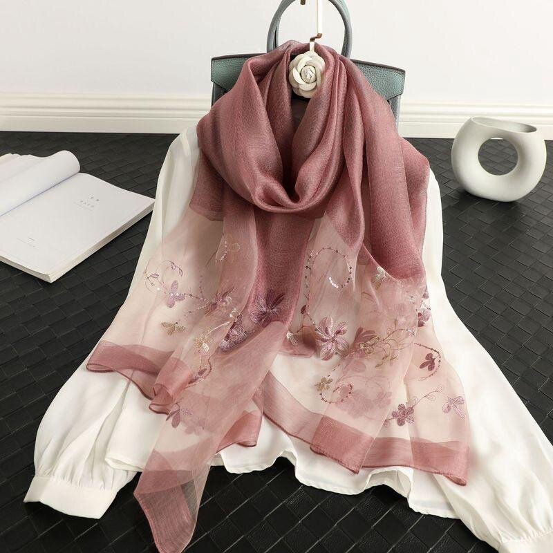 Женский шелковый шарф, универсальный модный тонкий шарф из шелка тутового шелкопряда, шарф с вышивкой, шаль-Ципао для весны и осени