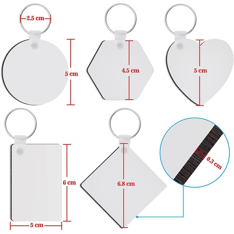 40Pcs Sublimação Blanks Keychain Set Heat Transfer Keychain Ornamento MDF Blanks Com Chaveiros Double-Side Impresso