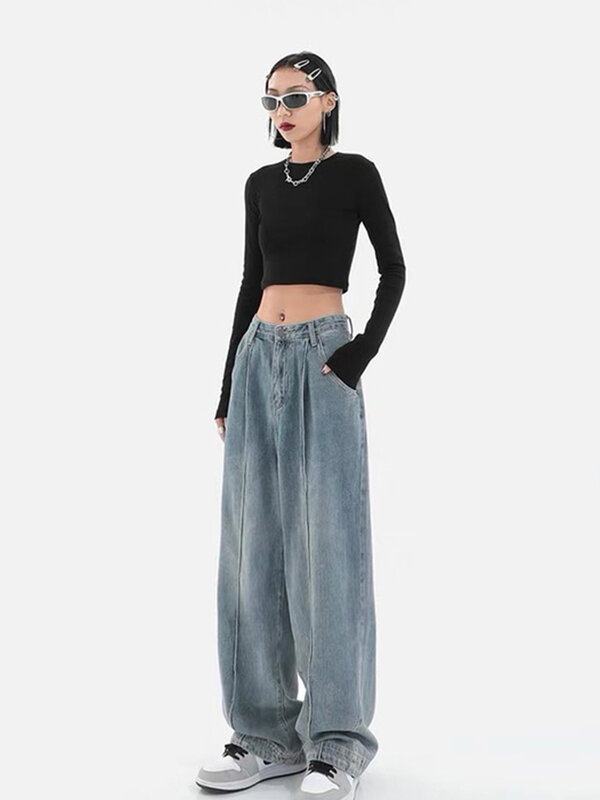 Jeans Harajuku de perna larga feminina, calça jeans casual solta punk, streetwear largo, calça comprida, calça maré-cargo, moda Y2K, inverno, 2022