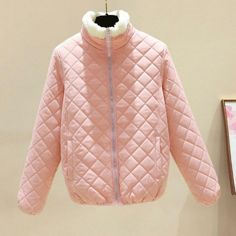 Women Fall Winter Coat Stand Collar Neck Protection Coat Thickened Padded Zipper Closure Cardigan Rhombus Texture Lady Jacket