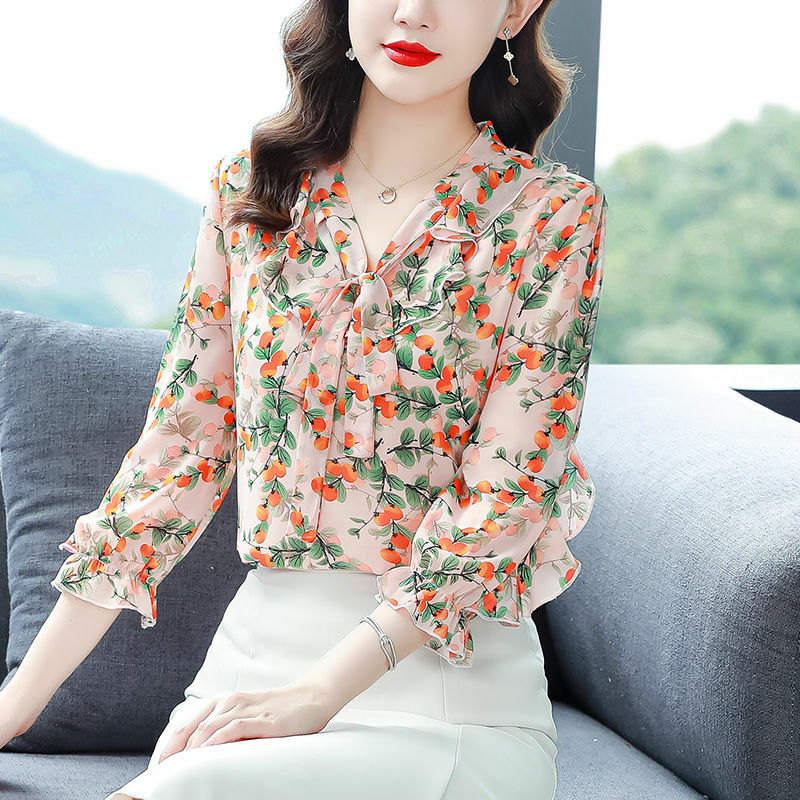 Damska letnia koreańska moda biurowa pani luźny z nadrukiem z kokardą kwiatowa szyfonowa sweter z dekoltem typu V-neck 3/4 rękaw damskie ubrania Tren koszule