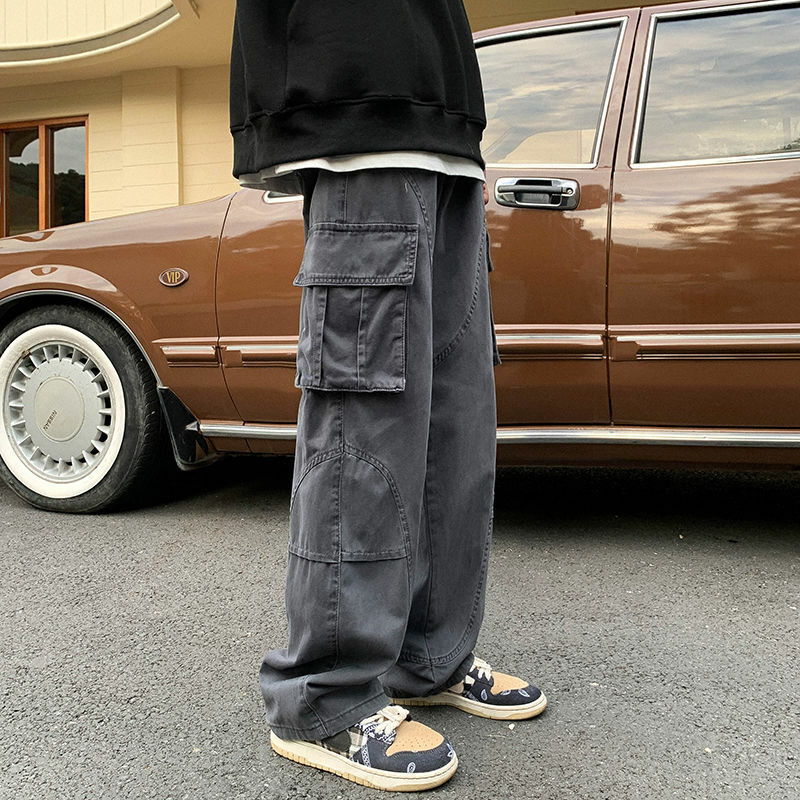 Calças de carga de harajuku homens outono inverno moda solto em linha reta calças de calças de alta qualidade