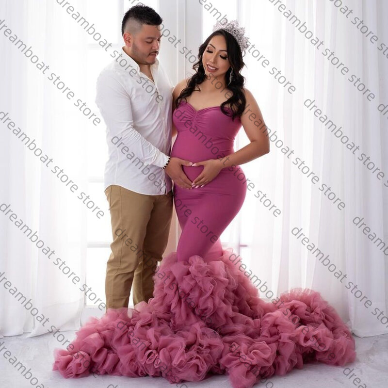 Gorgeous Pink Mermaid Maternity Gown Photography Dresses Strapless Puffy Ruffled Tulle Pregnancy  Dresses Custom Baby Shower