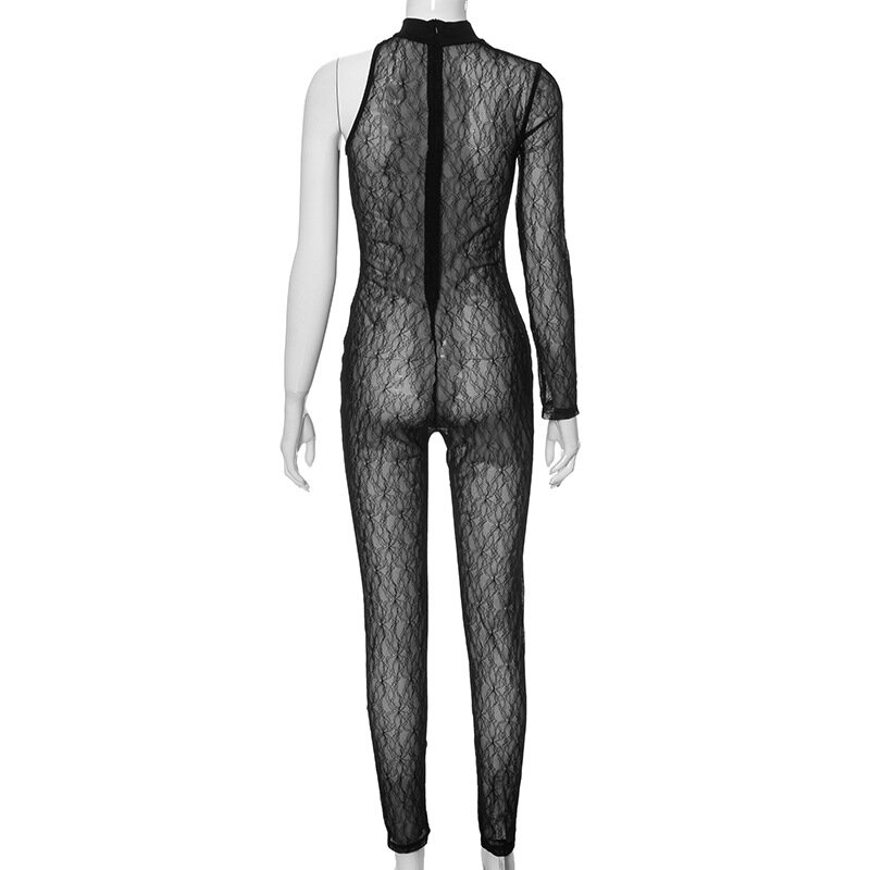 Winter One Shoulder Lace Jumpsuit Night Club For Women 2024 Sexy V Neck Hollow Out Romper Female Sheer Bodycon Jumpsuits