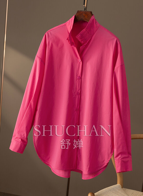 Camisas soltas de gola mandarim feminina, tops femininos, IVA grátis, 65% algodão, 2024