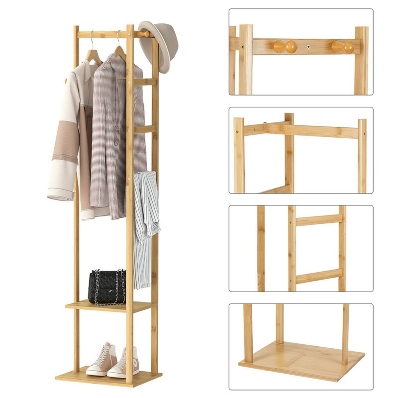 Bamboo Garment Rack, Clothing Rack with 2 Tier Storage Shelves, Wooden Garment Rack, Clothes Hanging Rack, Cloest Organizer