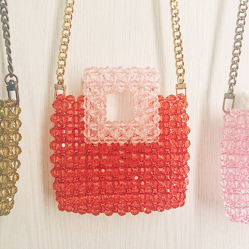 SHINE Color Matching Clear Purses Handbags Handmade Beaded Small Transparent Bags for Women Chain Retro Mobile Phone Totes