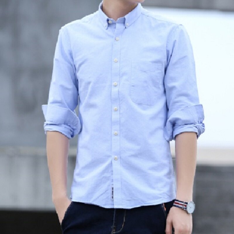 Camisas clásicas de algodón para hombre, Camisa lisa de manga larga de color sólido, top con un solo bolsillo, ropa formal suave y ajustada