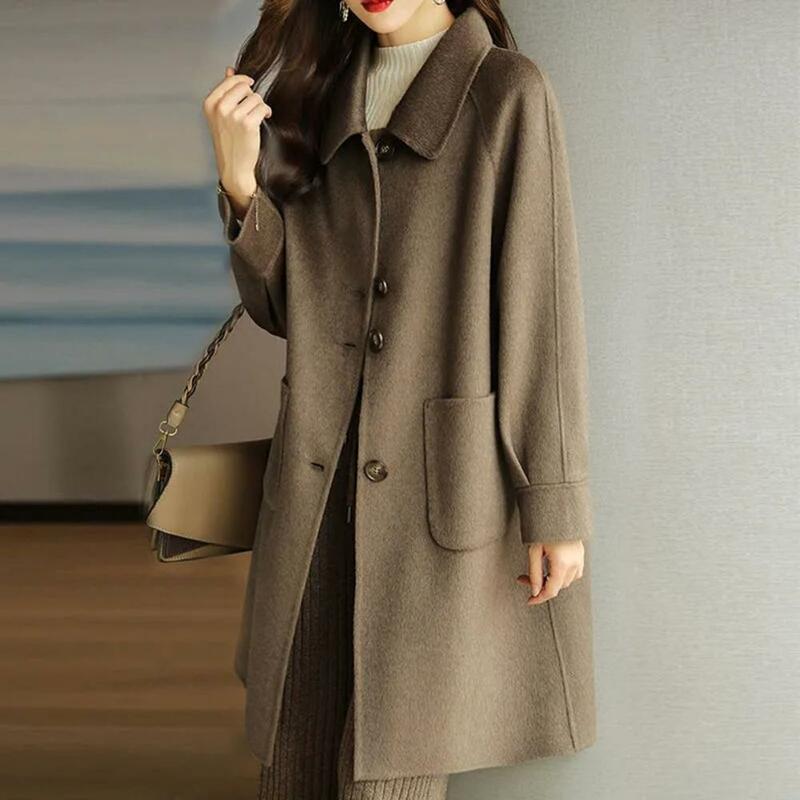 Женское однобортное шерстяное пальто, Стильное женское модное однобортное пальто с длинным рукавом и карманами