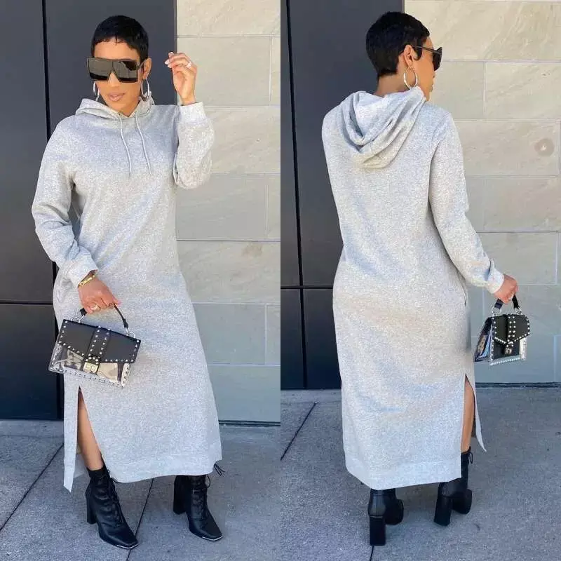 2024 Women's Long Sleeve Hooded Collar Fashion Casual Temperament Solid Color Split Dress