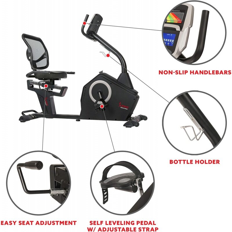 Sunny Health & Fitness Magnetic Resistance Recumbent Bike with Optional Exclusive SunnyFit™ App and Smart Bluetooth Connecti