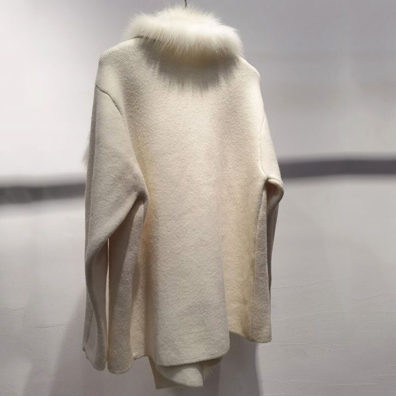Mantel kardigan rajut musim dingin, pakaian luar mantel bulu rubah asli modis lengan panjang hangat untuk wanita 2023