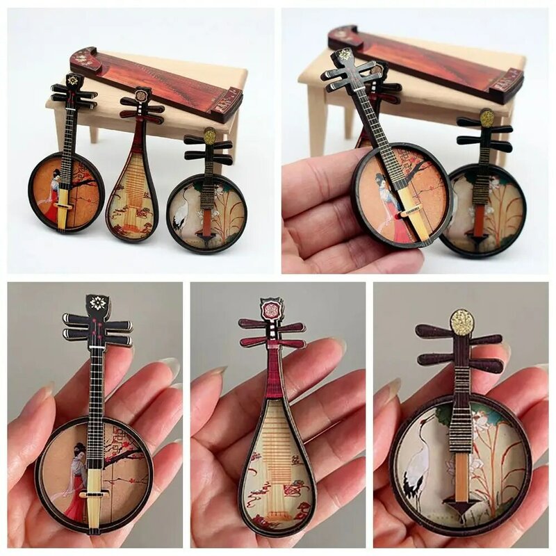 نموذج مشهد خشبي مصغر متعدد الألوان من Guzheng Pipa ، آلات موسيقية لبيت الدمية ، نمط الفناء ، ، من من من من من Guzheng Pipa