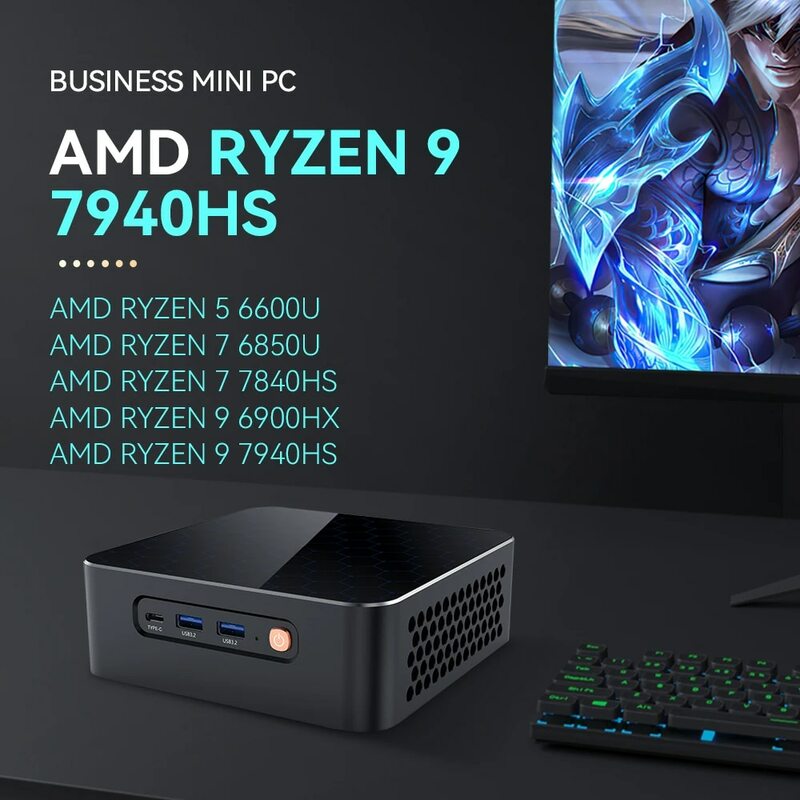 AMD 라이젠 9 7940HS 7840HS 미니 PC, DDR5 슬롯 2 개, M.2 SSD, PICE4.0 윈도우 11, WiFi6, BT5.0, C타입, USB4.0, 8K 지지대