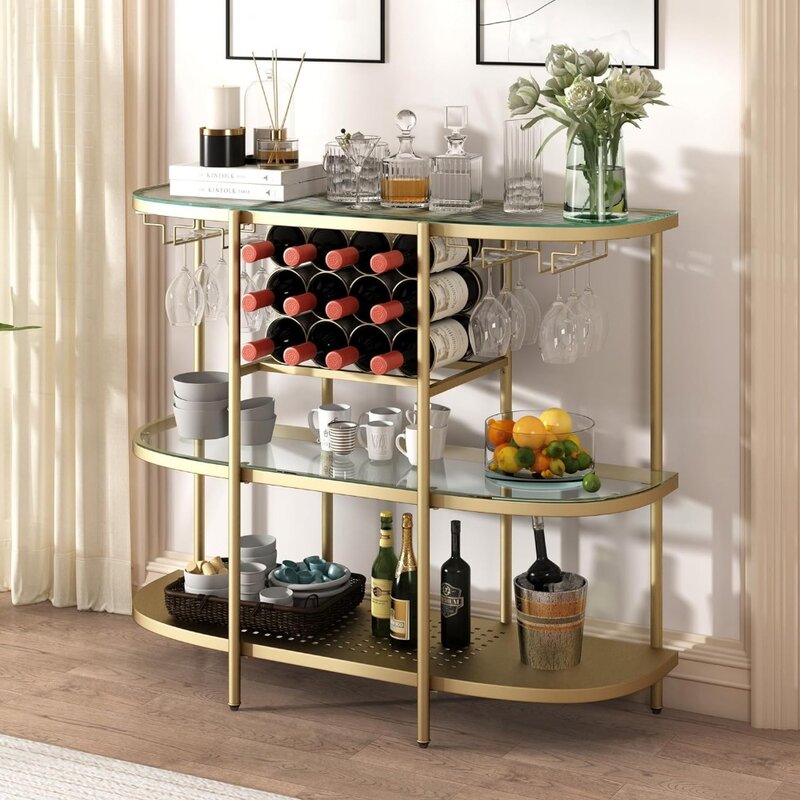 O&K FURNITURE Wine Rack Table with Glass Holders, 3-Tier Liquor Bar Table, Home Bar Coffee Bar Table for Living Room Kitchen